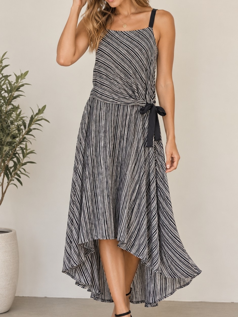 Anthropologie Black and White Striped Tie-Detail High-Low Dress